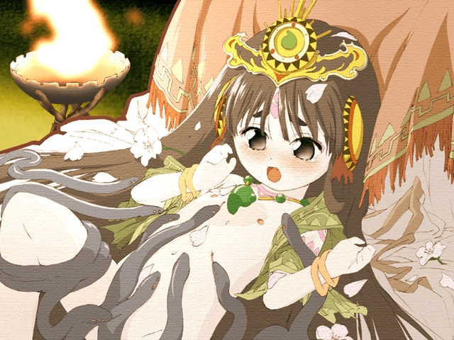 original, reptile, artist request, character request, copyright request, flower request, source request, 1girl, :o, animal, blush, bracelet, brown hair, facial mark, female focus, fire, flat chest, flower, forehead mark, hands up, jewelry, knee up, loli, long hair, lying, nipples, on back, open mouth, petals, snake, solo, tentacles, thick eyebrows, very long hair