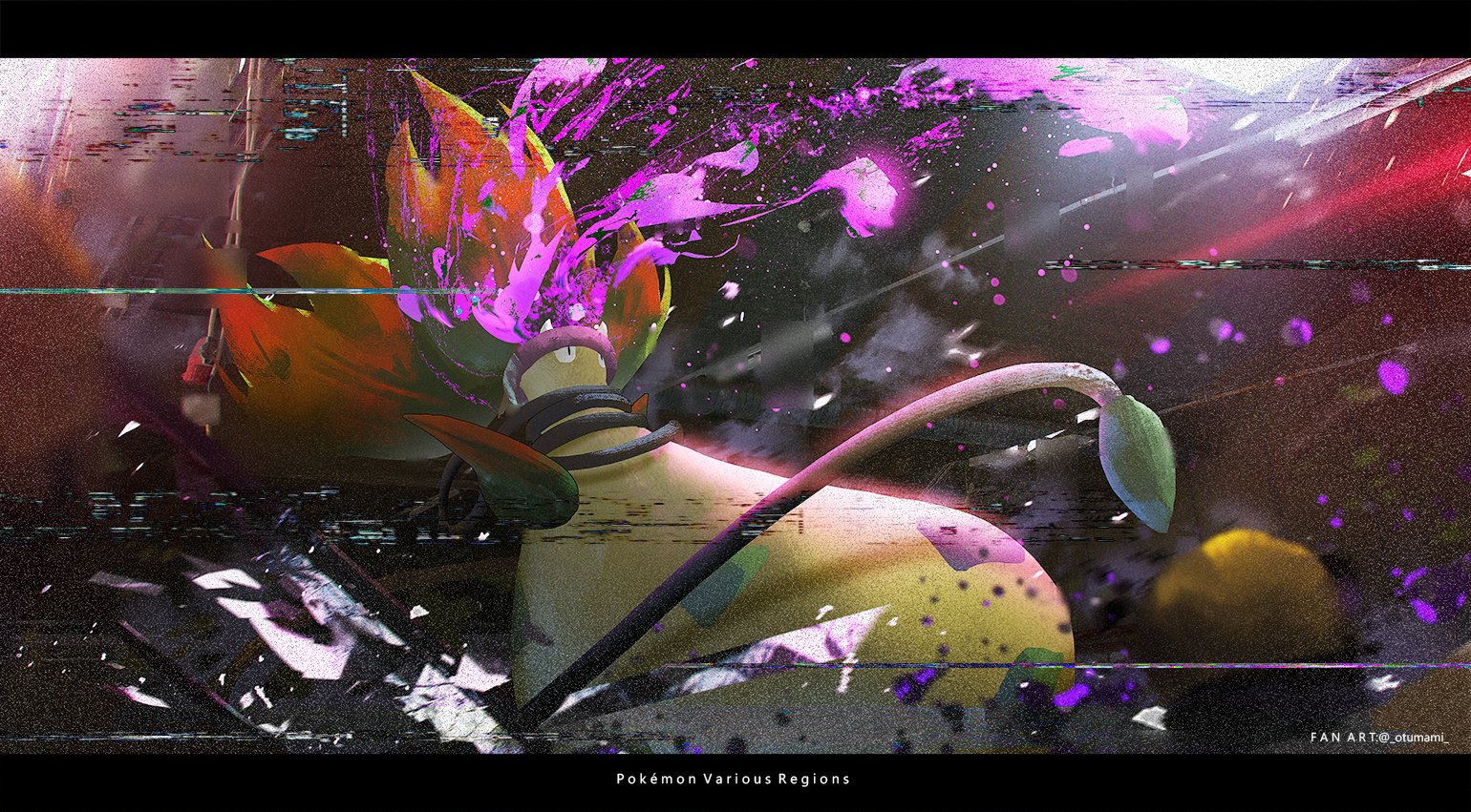 otsumami (bu-bu-heaven), victreebel, nintendo, pokemon, pokemon legends: z-a, commentary, english commentary, mixed-language commentary, attack, black border, border, gen 1 pokemon, glitch, letterboxed, mega pokemon, mega victreebel, no humans, plant, poison, pokemon (creature), pokemon focus, solo, teeth, vines