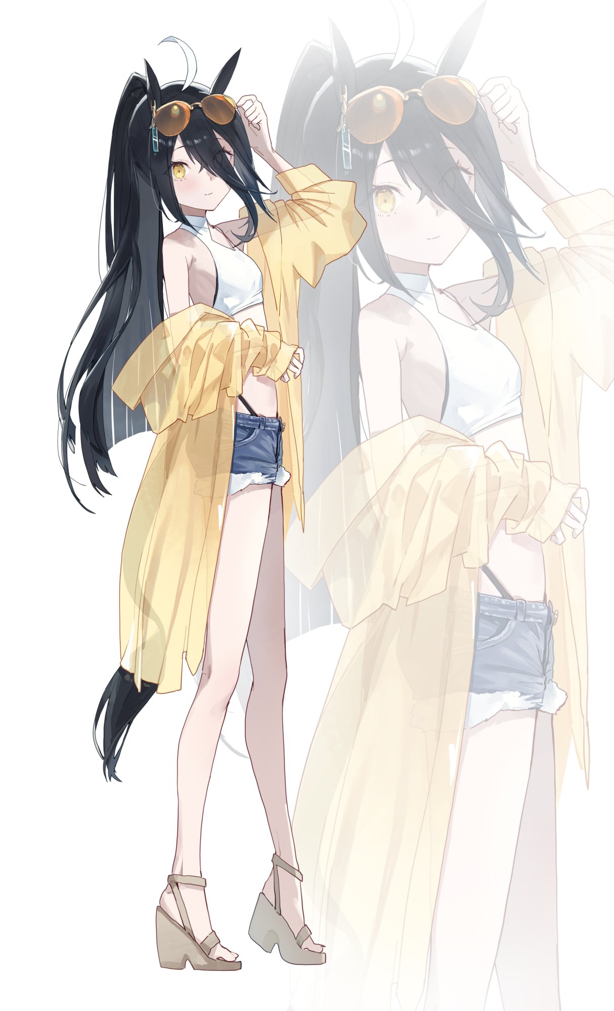 amano kokoko, manhattan cafe (umamusume), umamusume, highres, 1girl, animal ears, ear tag, earrings, full body, hair between eyes, horse ears, horse girl, horse tail, jacket, jewelry, long bangs, long hair between eyes, open clothes, open jacket, single earring, solo, tail, yellow eyes, yellow jacket