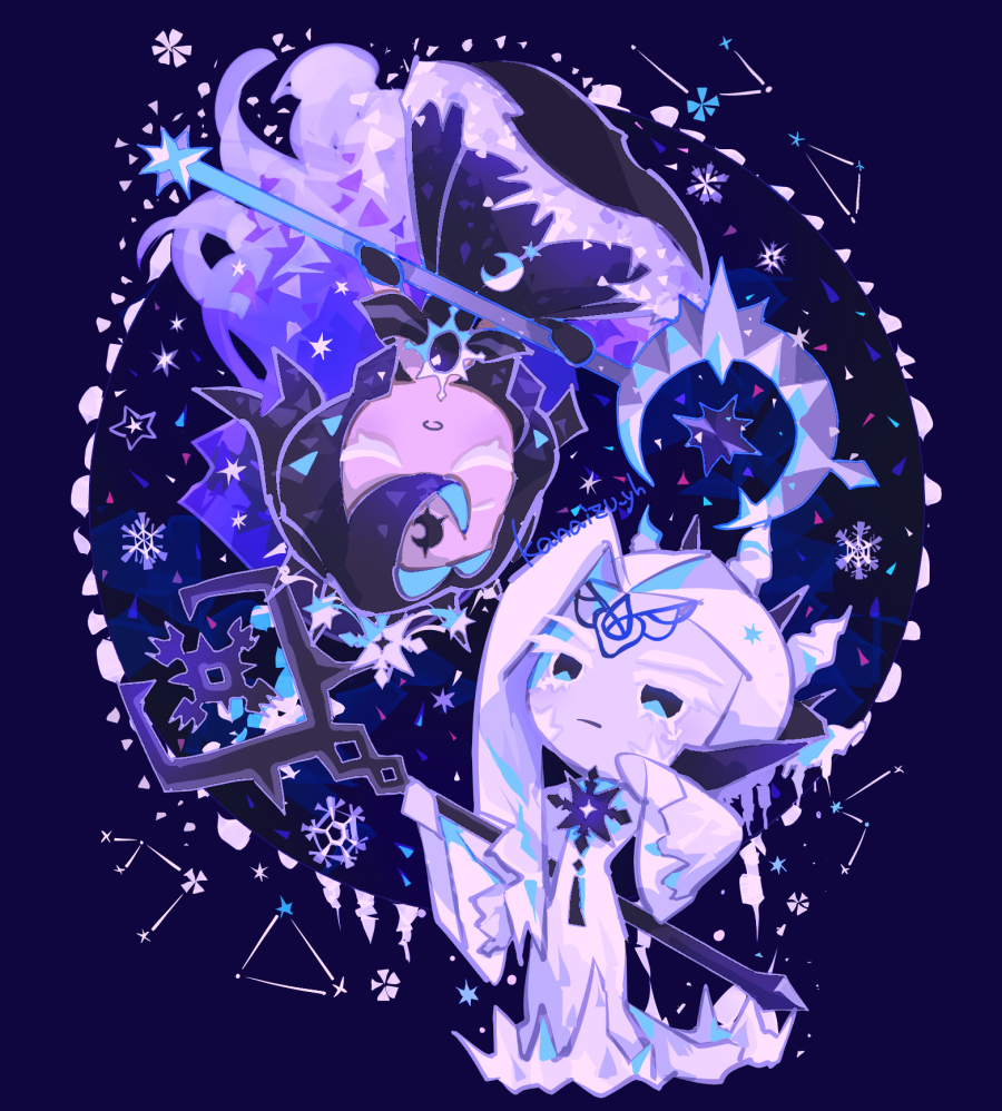 kanaizu yh, frost queen cookie, frost queen cookie (the final winter), moonlight cookie, moonlight cookie (the final dream), cookie run, cookie run: kingdom, commentary request, 2girls, :o, absurdly long hair, artist name, asymmetrical bangs, bare shoulders, black background, black brooch, black dress, black eyes, black gloves, black hair, black tiara, blue eyes, closed eyes, closed mouth, colored inner hair, colored skin, crescent, dress, expressionless, facial mark, forehead mark, frilled dress, frills, full body, gloves, holding, holding scepter, light frown, long dress, long hair, long sleeves, looking at another, multicolored eyes, multicolored hair, multiple girls, no pupils, off-shoulder dress, off shoulder, official alternate costume, official alternate hair color, open mouth, purple hair, scepter, simple background, snowflake brooch, snowflakes, standing, star (symbol), star symbol background, tiara, triangle, two-tone eyes, u u, very long hair, white dress, white hair, white skin, wide sleeves