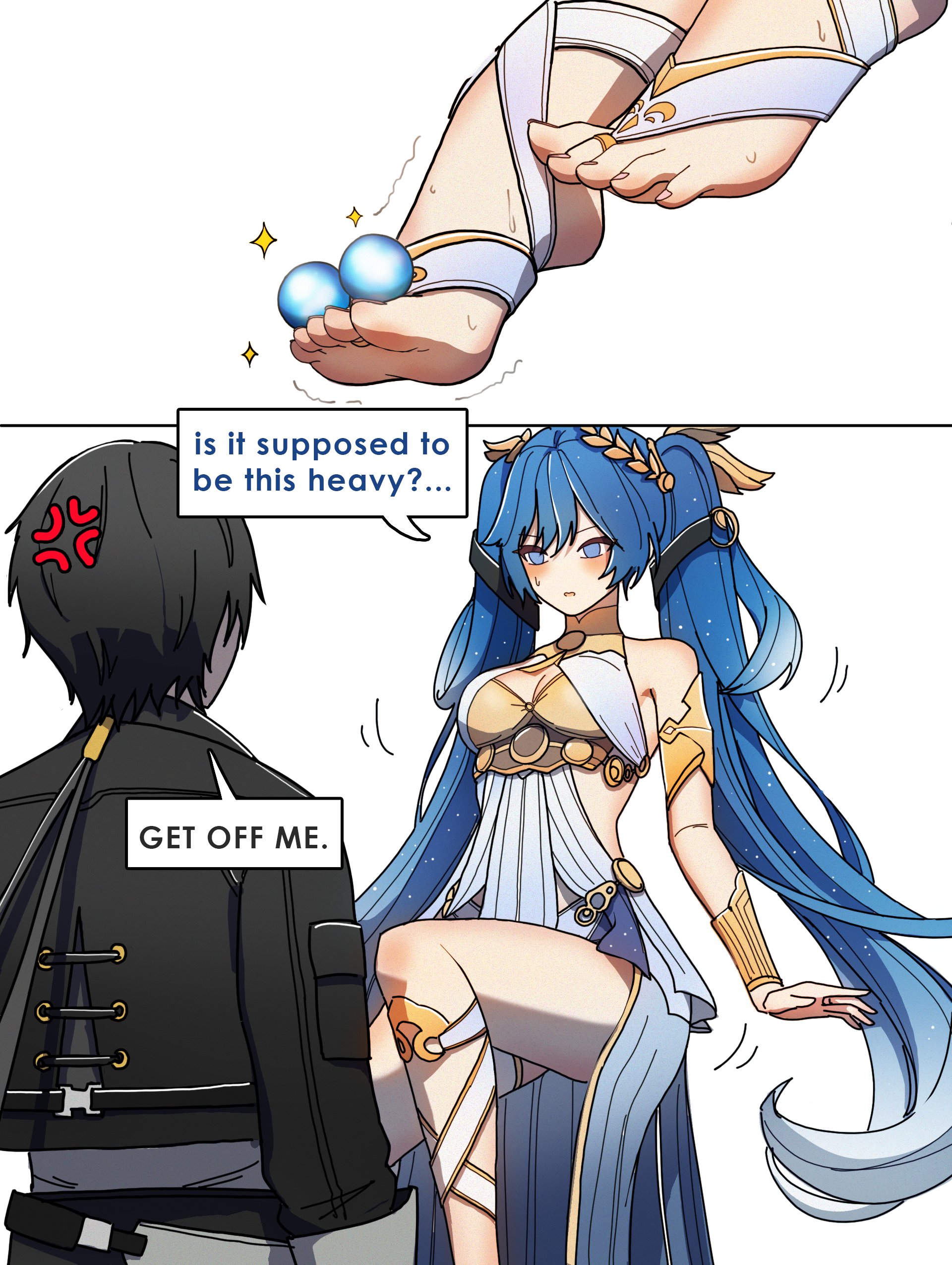 dorahdew, iuno (wuthering waves), male rover (wuthering waves), rover (wuthering waves), wuthering waves, absurdres, highres, 1boy, 1girl, ancient greek clothes, angry, ball, bare shoulders, black hair, black jacket, blue hair, breasts, closed eyes, collared jacket, feet, foot focus, gold bra, gradient hair, greco-roman clothes, hair between eyes, head wreath, implied footjob, jacket, long hair, multicolored hair, sexually suggestive, thinking, toes, twintails, very long hair