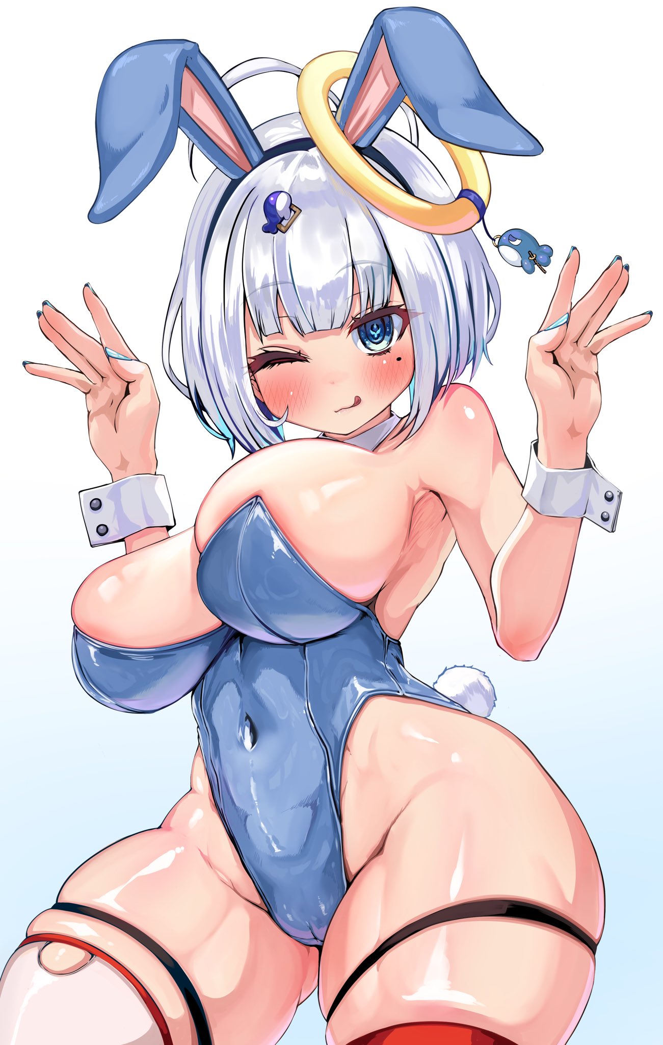 kajimakoto, ryuzen nikomi, indie virtual youtuber, highres, 1girl, :p, ;), alternate costume, animal ears, antenna hair, armpits, blue eyes, blue leotard, blue nails, breasts, cameltoe, covered navel, fake animal ears, fake tail, hair ornament, halo, halo ornament, hip bones, large breasts, leotard, looking at viewer, mole, mole under eye, one eye closed, playboy bunny, rabbit ears, rabbit pose, rabbit tail, smile, solo, strapless, strapless leotard, symbol-shaped pupils, tail, thick thighs, thigh strap, thighhighs, thighs, tongue, tongue out, virtual youtuber, whale hair ornament, white hair, white thighhighs, wrist cuffs