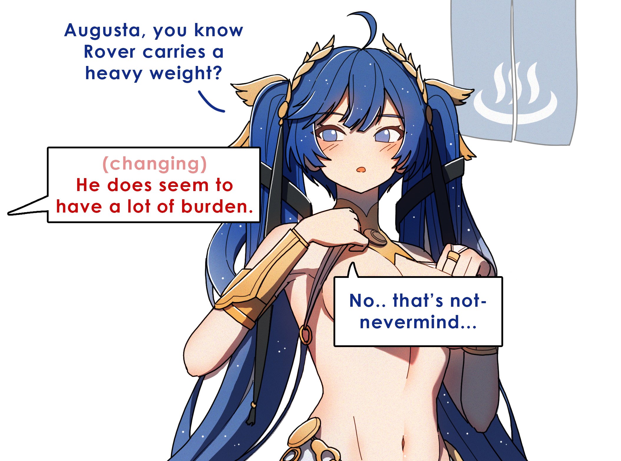 dorahdew, augusta (wuthering waves), iuno (wuthering waves), wuthering waves, highres, 1girl, ahoge, bare shoulders, blue eyes, blue hair, blush, breasts, gold bra, hair belt, hand up, head wreath, long hair, looking at viewer, medium breasts, multicolored hair, navel, nude, out of frame, simple background, solo, stomach, streaked hair, upper body, white background