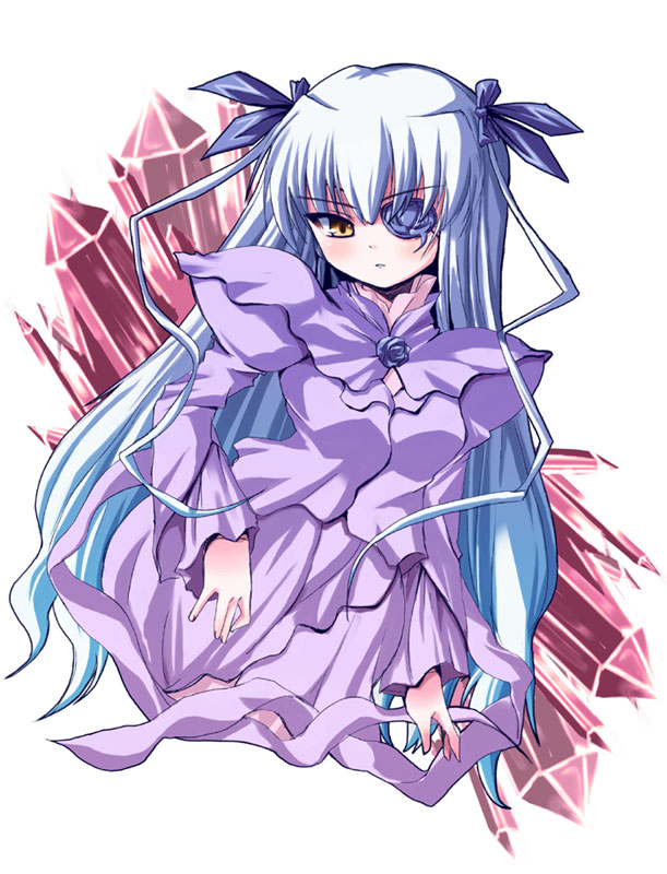shinshin, barasuishou, rozen maiden, 00s, 1girl, blue hair, crystal, dress, expressionless, eyepatch, female focus, flower, hair ribbon, long hair, long sleeves, looking at viewer, puffy sleeves, ribbon, rose, solo, very long hair, yellow eyes