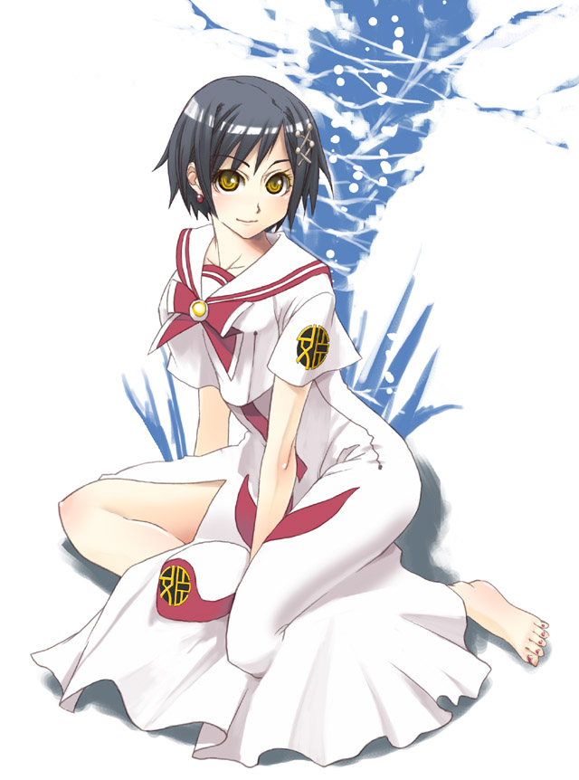 weshika, aika granzchesta, aria (manga), uniform, 00s, 1girl, barefoot, black hair, bow, bowtie, feet, female focus, hair ornament, hairclip, nail polish, red nails, short hair, sitting, solo, toenail polish, toenails, toes, yellow eyes