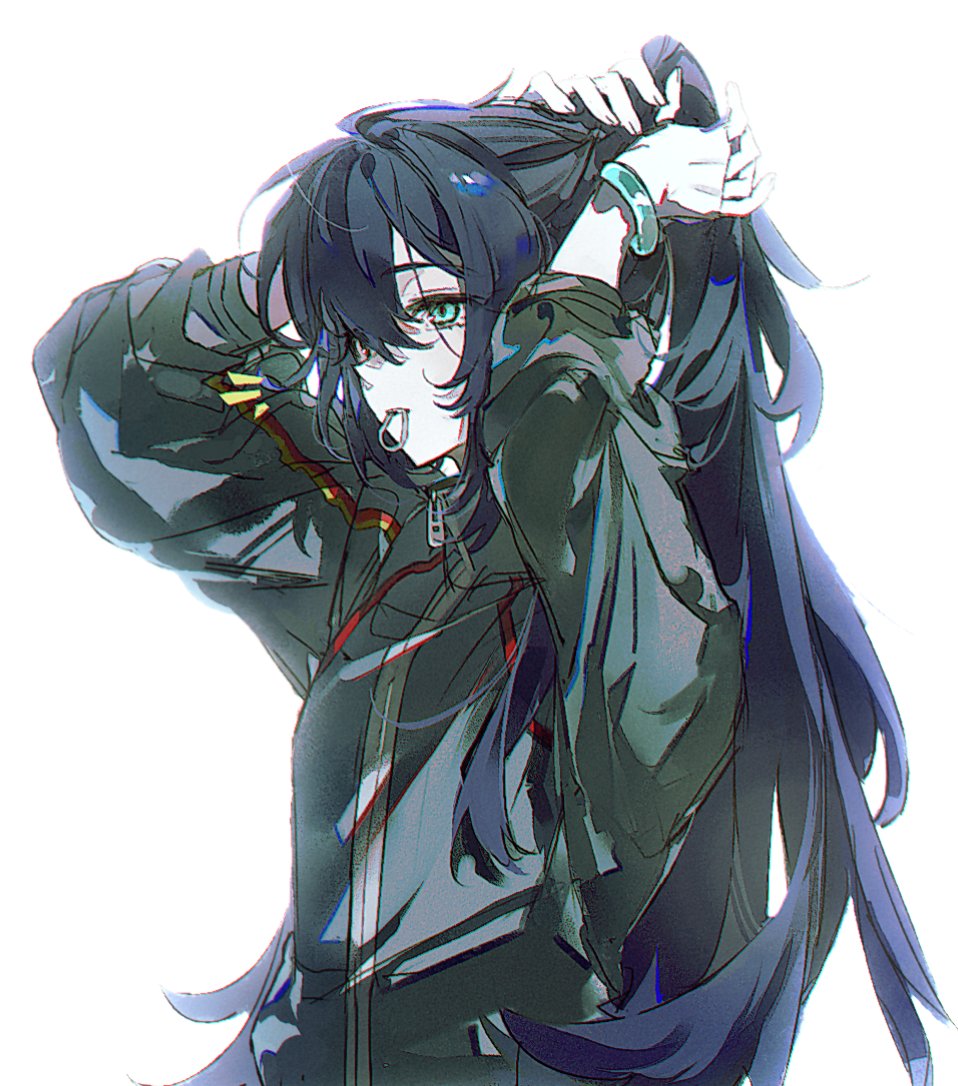hong lu (project moon), limbus company, project moon, 1boy, 66167e3d, alternate costume, black eyes, black hair, blue eyes, hair tie in mouth, heterochromia, high ponytail, jade bracelet, long hair, looking to the side, male focus, mouth hold, ponytail, simple background, solo, track suit, tying hair, upper body, very long hair, white background