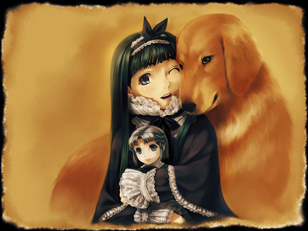 simosi, original, 1girl, animal, black hair, dog, doll, goth fashion, gothic lolita, hairband, hug, lolita fashion, new year, one eye closed, ribbon, walpurgisnacht