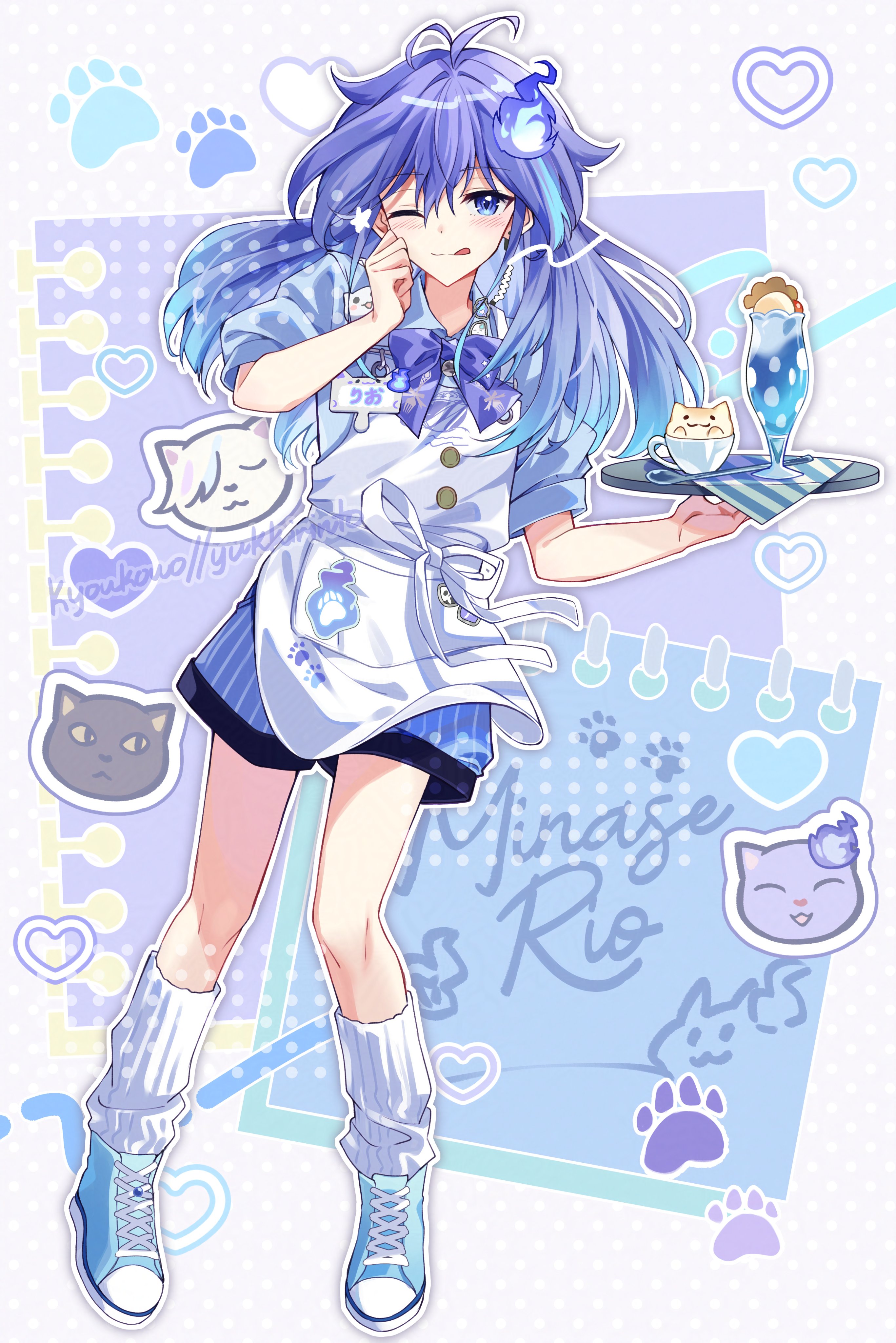 kyoukouo, minase rio, holostars, absurdres, highres, 1boy, androgynous, antenna hair, apron, blue eyes, blue hair, blue shirt, blue shoes, blue streaks, blush, bow, bowtie, cat, character name, clenched hand, collared shirt, cup, food, full body, gradient hair, hand on own cheek, hand on own face, heart, hitodama, holding, holding tray, long hair, loose socks, male focus, multicolored hair, name tag, notepad, one eye closed, outline, parfait, paw print, polka dot, polka dot background, purple bow, purple bowtie, purple hair, shirt, shoes, short sleeves, shorts, sneakers, socks, spoon, streaked hair, tongue, tongue out, tray, virtual youtuber, white apron, white outline, white socks
