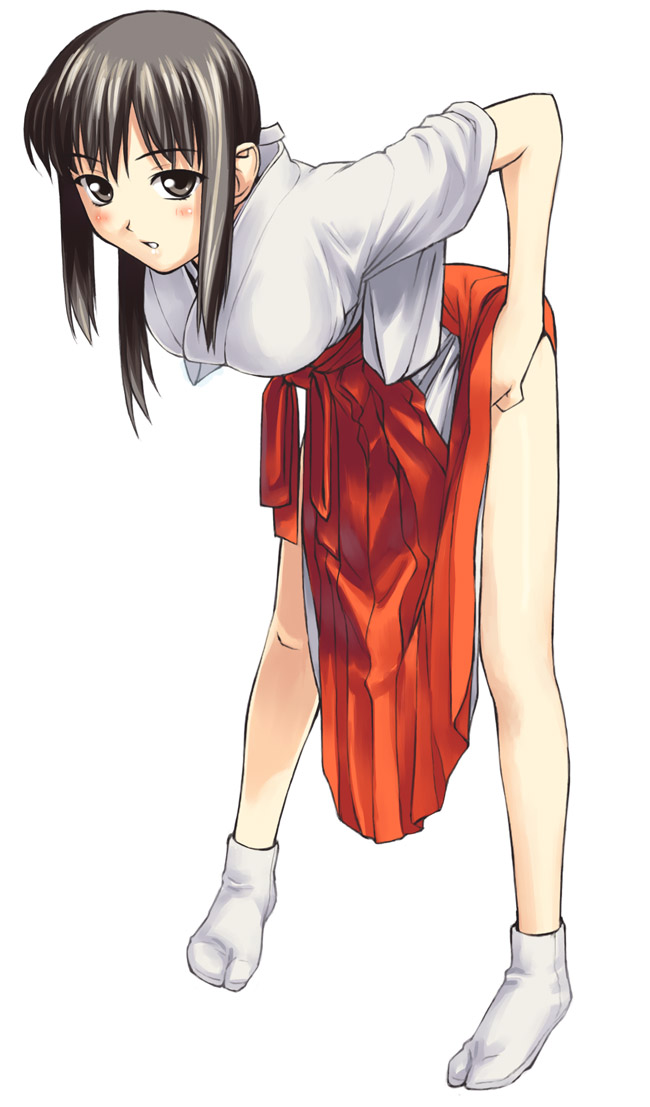 tanaka shoutarou, original, 1girl, bent over, clothes lift, female focus, full body, hakama, hakama skirt, japanese clothes, leaning forward, lifting own clothes, miko, red hakama, simple background, skirt, skirt lift, solo, standing, tabi, white background