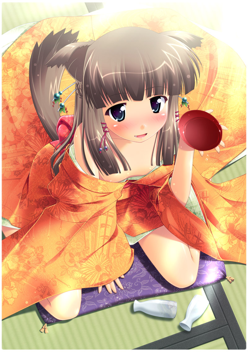 simk, yamabuki zarame, original, 1girl, alcohol, animal ears, blue eyes, blush, brown hair, cup, cushion, dog ears, dog tail, downblouse, fang, female focus, floral print, from above, japanese clothes, kimono, long hair, long sleeves, new year, off shoulder, pillow, sakazuki, sake, sitting, solo, tail, tatami, tokkuri, wariza, zabuton