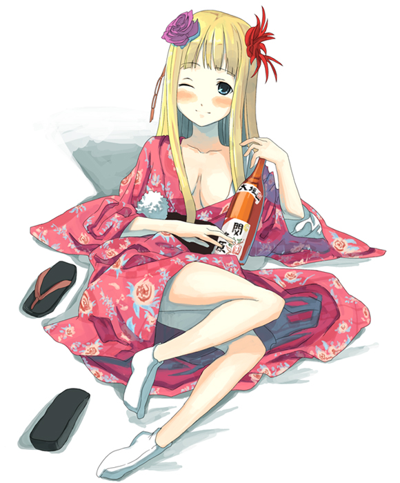b-ginga, original, 1girl, alcohol, blush, bottle, female focus, japanese clothes, new year, one eye closed, sake, sandals, solo, zouri