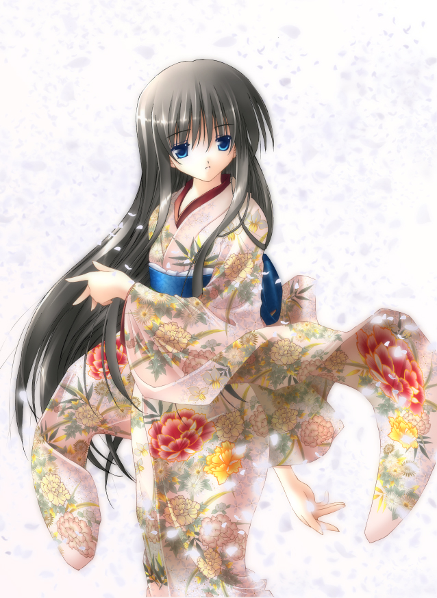shion (kawasemi), tohno akiha, original, tsukihime, 00s, 1girl, black hair, blue eyes, female focus, floral print, glowing, glowing petals, japanese clothes, kimono, long hair, petals, solo, standing, very long hair, wind