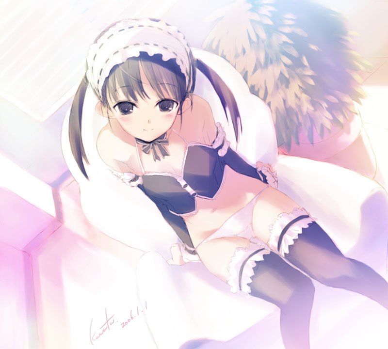 kawata hisashi, original, bare shoulders, black thighhighs, blush, bow, brown eyes, brown hair, choker, detached sleeves, frilled thighhighs, frills, hairband, headdress, lingerie, lowleg, lowleg panties, midriff, navel, panties, sitting, solo, thighhighs, twintails, underwear, white panties