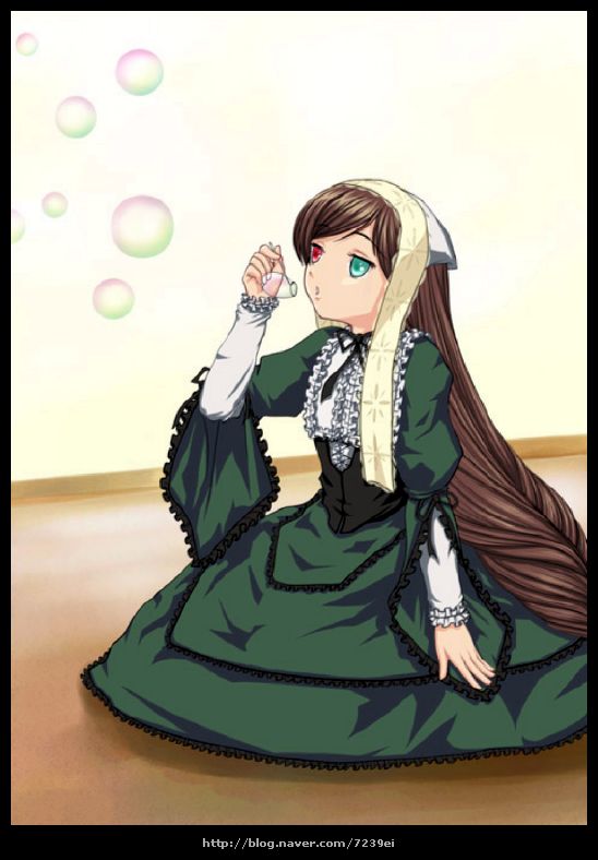 suiseiseki, rozen maiden, 00s, bubble, headscarf, heterochromia, long hair, solo, very long hair, white headscarf