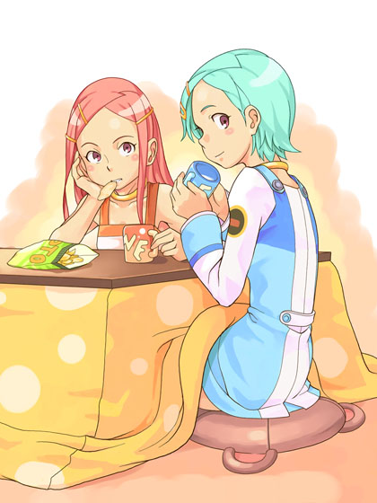 mannen hitsu, anemone (eureka seven), eureka (eureka seven), eureka seven, eureka seven (series), 00s, 2girls, aqua hair, bare shoulders, blue jacket, blush, chips (food), collarbone, cup, dress, eating, food, hair ornament, hairclip, indoors, jacket, jewelry, kotatsu, long sleeves, looking at viewer, milk, multiple girls, neck ring, orange dress, red eyes, red hair, seiza, sitting, smile, table