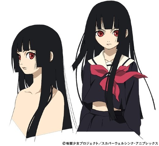 enma ai, jigoku shoujo, official art, 00s, 1girl, black serafuku, blunt bangs, comparison, hime cut, long hair, multiple views, school uniform, serafuku