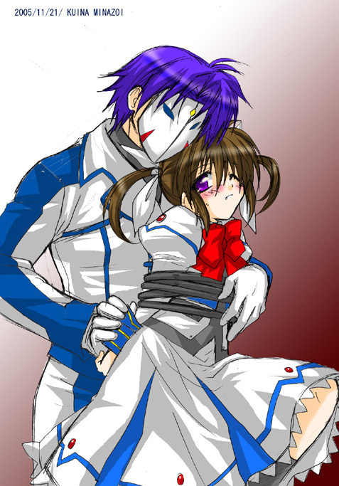 takamachi nanoha, takamachi nanoha (sacred mode), lyrical nanoha, mahou shoujo lyrical nanoha, mahou shoujo lyrical nanoha a's, 00s, 1boy, 1girl, bdsm, bondage, bound, twintails