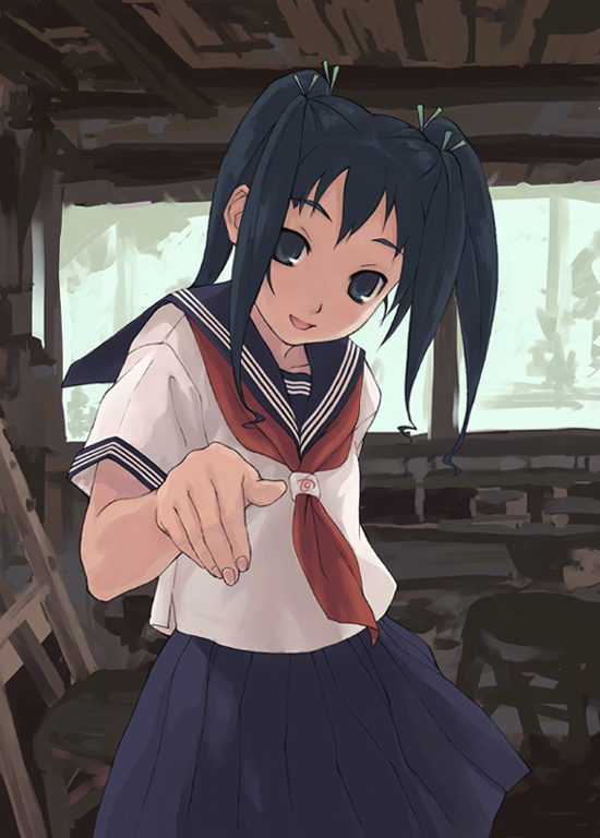original, 1girl, blue eyes, blue hair, female focus, matching hair/eyes, pleated skirt, quad tails, ribbon, school uniform, serafuku, short twintails, skirt, solo, twintails