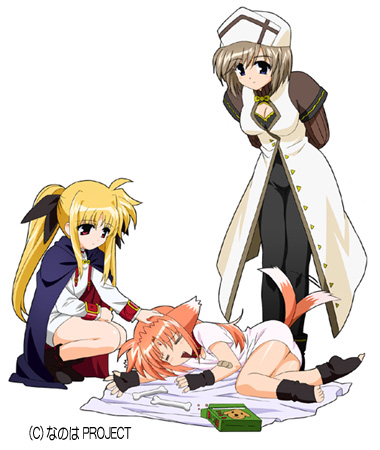arf, fate testarossa, rynith, lyrical nanoha, mahou shoujo lyrical nanoha, mahou shoujo lyrical nanoha a's, lowres, 00s, 3girls, = =, animal ears, arms behind back, bandaid, bandaid on arm, blonde hair, blue eyes, bone, breasts, brown hair, cape, cleavage, coat, dog ears, dog tail, dress shirt, full body, hair ribbon, happy, hat, headpat, leaning forward, legs, long hair, looking down, lying, medium breasts, multiple girls, orange hair, overcoat, pet food, red eyes, ribbon, shirt, short hair, simple background, squatting, tail, tail wagging, twintails, very long hair