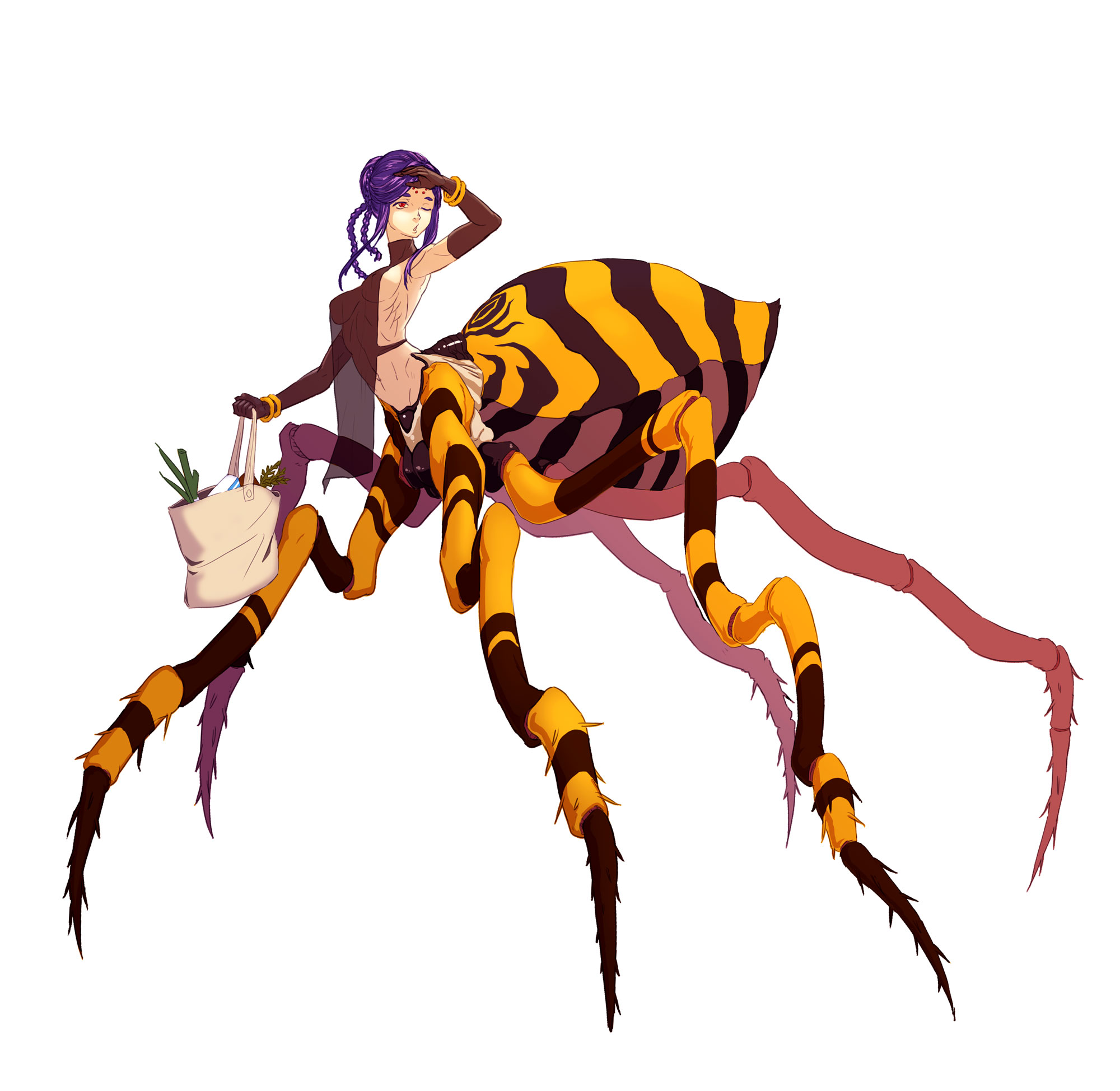 yggsil, original, highres, 1girl, arachne, armpits, arthropod girl, bag, bracelet, breasts, elbow gloves, full body, gloves, insect girl, jewelry, medium breasts, monster girl, muscular, muscular female, navel, one eye closed, purple hair, red eyes, shopping bag, solo, spider girl, standing, taur, white background