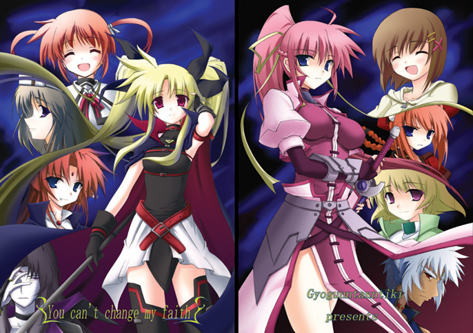 arf, bardiche (nanoha), fate testarossa, fate testarossa (lightning form), laevatein (nanoha), presea testarossa, raising heart, rynith, shamal, signum, takamachi nanoha, vita (nanoha), yagami hayate, zafira, lyrical nanoha, mahou shoujo lyrical nanoha, mahou shoujo lyrical nanoha a's, silver hair, 00s, 1boy, 6+girls, :d, animal ears, arm belt, belt, blonde hair, blue eyes, bow, braid, brown hair, buckle, cape, closed eyes, english text, familiar, fingerless gloves, forehead jewel, gloves, hair bow, hair ornament, hair ribbon, long hair, magical girl, multiple girls, open mouth, orange hair, pale skin, pink hair, ponytail, purple eyes, red eyes, red hair, ribbon, short hair, short twintails, skirt, smile, sword, thighhighs, twin braids, twintails, waist cape, weapon, wolf ears, x hair ornament