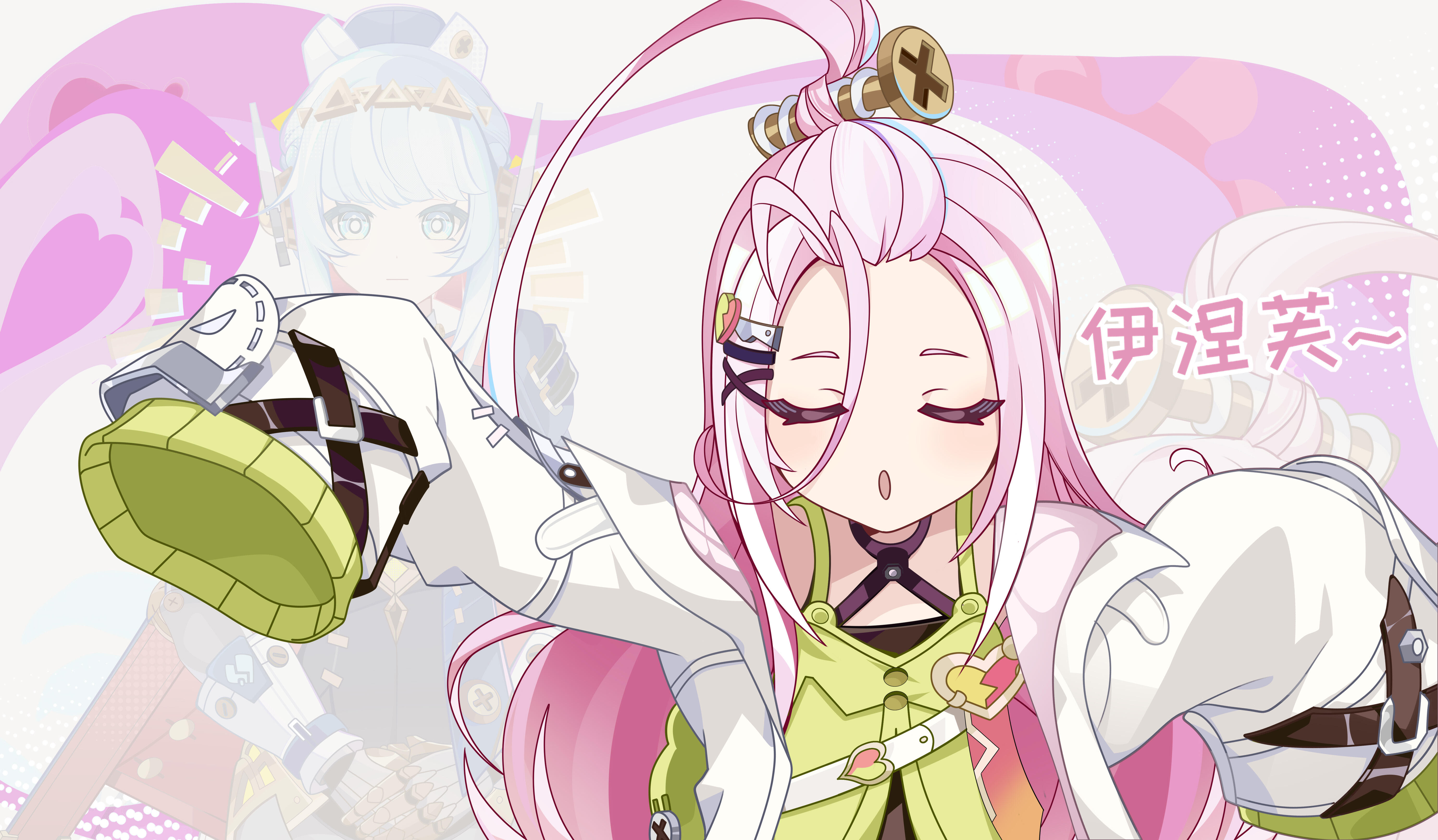 aino (genshin impact), ineffa (genshin impact), genshin impact, absurdres, bad source, highres, 1girl, ahoge, bangs pinned back, bare shoulders, bird, bow, chinese text, closed mouth, dress, earrings, elbow gloves, flower, frills, gloves, green dress, green eyes, hair bow, hair flower, hair ornament, holding, holding umbrella, jewelry, long hair, looking at viewer, off-shoulder dress, off shoulder, parasol, pink bow, ponytail, ribbon, rose, screw hair ornament, skirt hold, smile, solo, umbrella, white flower, white gloves, white rose, x hair ornament, youyou ganfanzhong