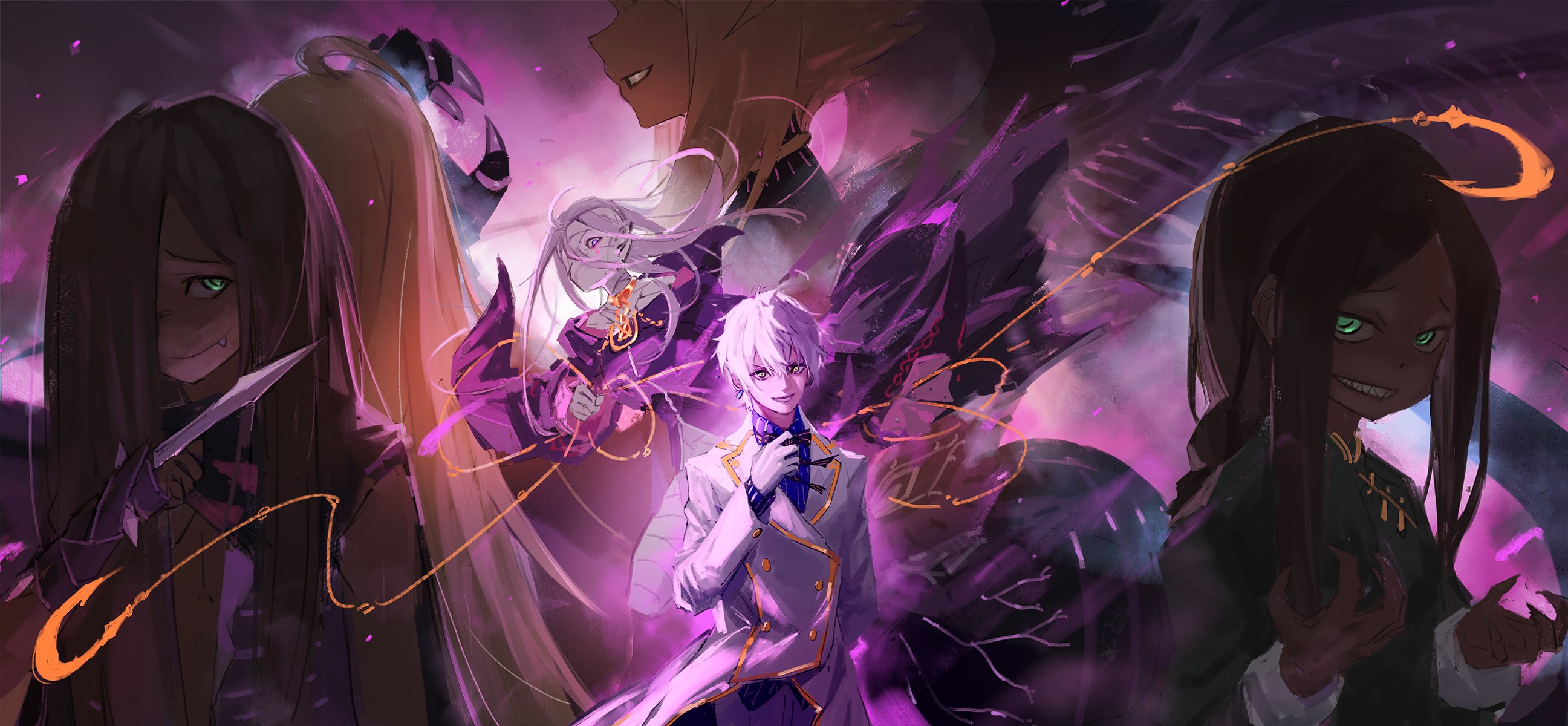 ro ka ro ka, capella emerada lugnica, lye batenkaitos, regulus corneas, roy alphard, rui arneb, re:zero kara hajimeru isekai seikatsu, highres, 3boys, 3girls, bandages, cape, chain, dress, evil grin, evil smile, formal clothes, glowing, glowing eyes, green eyes, grin, holding, holding knife, jacket, jewelry, knife, long hair, long sleeves, looking at viewer, multiple boys, multiple girls, necklace, necktie, purple eyes, sharp teeth, sirius romaneeconti, smile, suit, teeth, yellow eyes