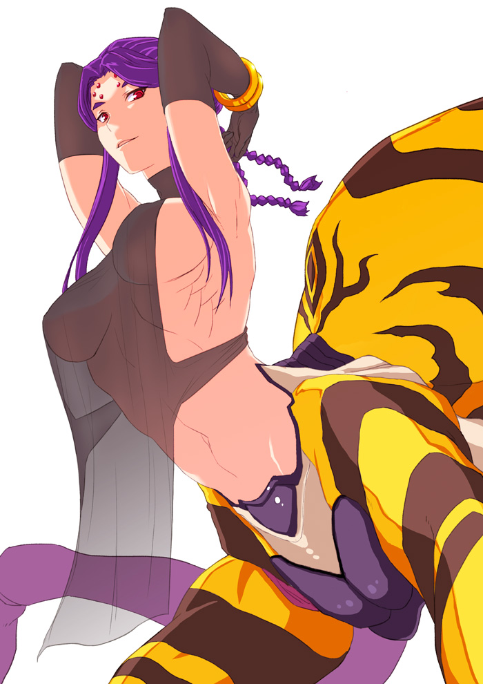 yggsil, original, 1girl, arachne, arms up, arthropod girl, bracelet, braid, breasts, elbow gloves, gloves, insect girl, jewelry, looking at viewer, medium breasts, monster girl, navel, parted lips, purple hair, red eyes, see-through clothes, solo, spider girl, taur, twin braids, white background