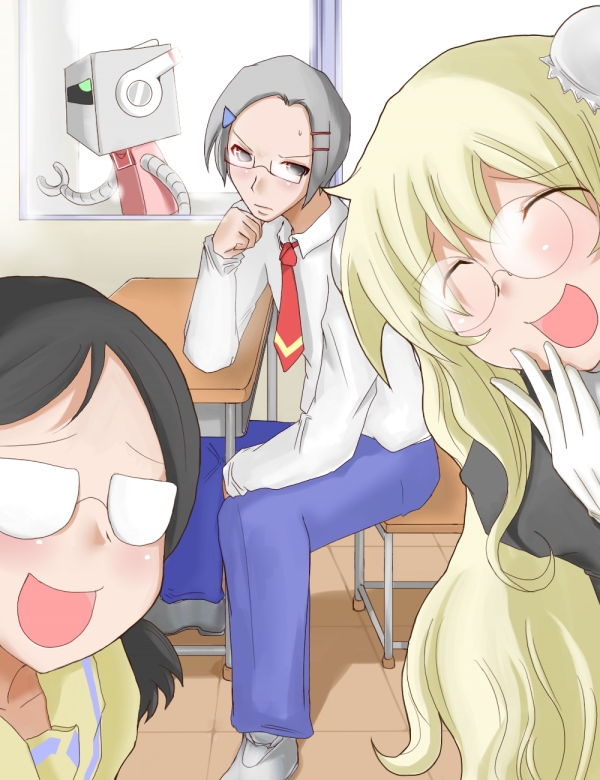behoimi, inugami tsurugi, media (pani poni), robokko, serizawa akane, pani poni dash!, 00s, 1boy, 2girls, annoyed, blonde hair, brown hair, chair, classroom, clothed robot, desk, glasses, gloves, grey hair, hair ornament, hairclip, humanoid robot, indoors, laughing, multiple girls, necktie, on chair, opaque glasses, pants, portrait, robot, school, school uniform, serafuku, shirt, short hair, sitting, sweat, white gloves