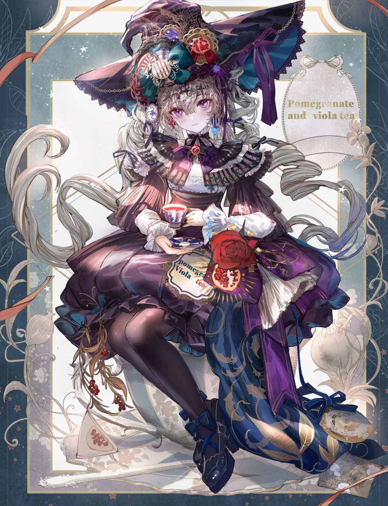 komorihikki, original, highres, 1girl, :|, aqua border, aqua bow, black pantyhose, black ribbon, black shoes, blue bow, blue ribbon, blue sash, border, bow, bowtie, branch, brooch, bubble skirt, center-flap bangs, closed mouth, cup, drill hair, earrings, english text, expressionless, flower, flower ornament, food, footwear bow, frilled shirt collar, frilled sleeves, frills, fruit, fruit brooch, fruit hat ornament, full body, gem, glint, grey hair, hair ribbon, hat, hat bow, hat flower, hat ribbon, high-waist skirt, high heels, holding, holding cup, holding saucer, invisible chair, jewelry, lace-trimmed headwear, lace trim, layered sleeves, leaf print, legs together, lolita fashion, long hair, long sleeves, looking at viewer, low twintails, medium skirt, mismatched earrings, neck ribbon, outside border, pantyhose, plant, pomegranate, puffy long sleeves, puffy sleeves, pumps, purple bow, purple bowtie, purple eyes, purple flower, purple gemstone, purple hat, purple ribbon, purple skirt, purple sleeves, red flower, red rose, ribbon, rose, sash, saucer, shirt, shoes, shrug (clothing), sitting, skirt, sleeves past wrists, solo, tea, teabag, teacup, twin drills, twintails, very long hair, vines, violet (flower), waist bow, white background, white shirt, witch, witch hat