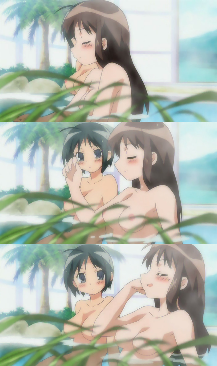 kurauchi anna, sawatari izumi, kore ga watashi no goshujin-sama, anime screenshot, nude filter, third-party edit, 00s, 2girls, :d, adjusting hair, ahoge, arm support, black eyes, black hair, blurry, blush, breasts, brown hair, censored, censored nipples, closed eyes, collagedepth of field, convenient censoring, depth of field, fingernails, from side, leaf, light smile, long fingernails, long hair, multiple girls, nipples, nude, onsen, open mouth, palm tree, parted bangs, partially submerged, profile, reclining, rock, short hair, sidelocks, sitting, smile, tree, upper body, water, window