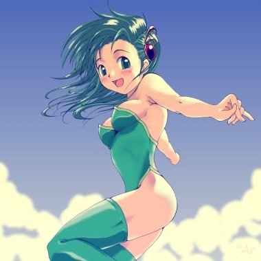 rydia (adult) (ff4), rydia (ff4), final fantasy, final fantasy iv, square enix, lowres, 1990s (style), 1girl, bare shoulders, female focus, green eyes, green hair, hair ornament, leotard, matching hair/eyes, outdoors, retro artstyle, sky, smile, solo, thighhighs