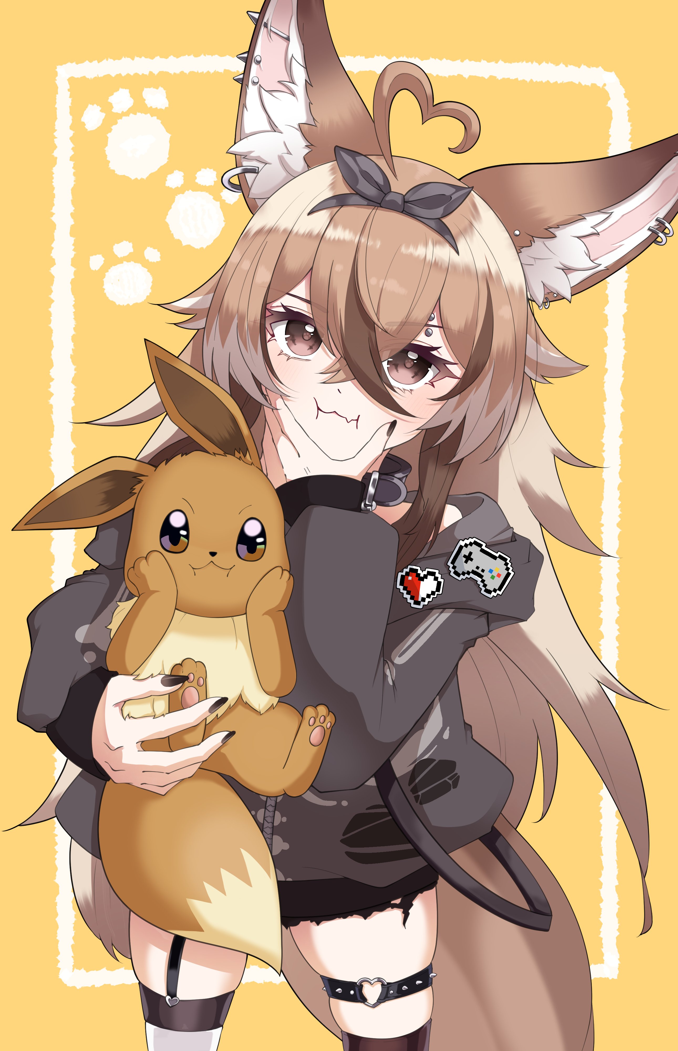 riomiyan, eevee, indie virtual youtuber, nintendo, pokemon, absurdres, commentary, highres, 1girl, :i, ahoge, animal ear fluff, animal ear piercing, animal ears, belt collar, black bow, black collar, black hoodie, black nails, bow, brown eyes, brown hair, closed mouth, collar, cowboy shot, crossed bangs, double-parted bangs, effinfox, eyebrow piercing, face piercing, fang, fennec fox, fox ears, fox girl, gen 1 pokemon, hair between eyes, hair bow, hand on own chin, heart, heart ahoge, holding, holding pokemon, hood, hood down, hoodie, inset border, long hair, long sleeves, looking at viewer, multiple piercings, nail polish, paw print, paw print background, piercing, pokemon (creature), skin fang, skindentation, spiked thigh strap, squeezing cheeks, thigh strap, virtual youtuber, yellow background