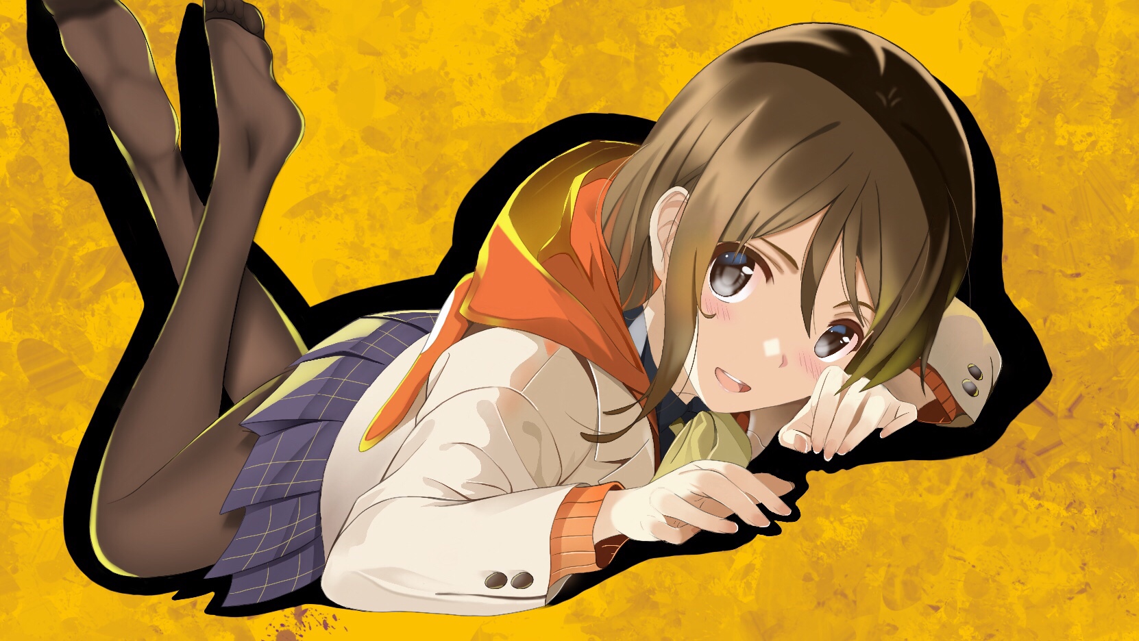 aikawa miyuu, occultic;nine, science adventure, highres, redrawn, 1girl, :d, ascot, blush, brown hair, coat, feet, grey eyes, hood, hoodie, legs up, long hair, lying, miniskirt, no shoes, official art redraw, on stomach, open mouth, pantyhose, pleated skirt, shoes, skirt, smile, solo, the pose, user xnpy5284, white coat, yellow ascot