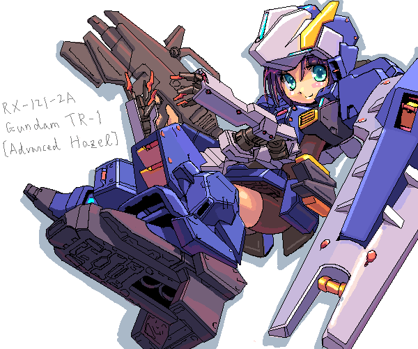 musumi renga, gundam tr-1 hazel, advance of zeta, gundam, zeta gundam, beam rifle, blue eyes, energy gun, gun, mecha musume, purple hair, solo, weapon