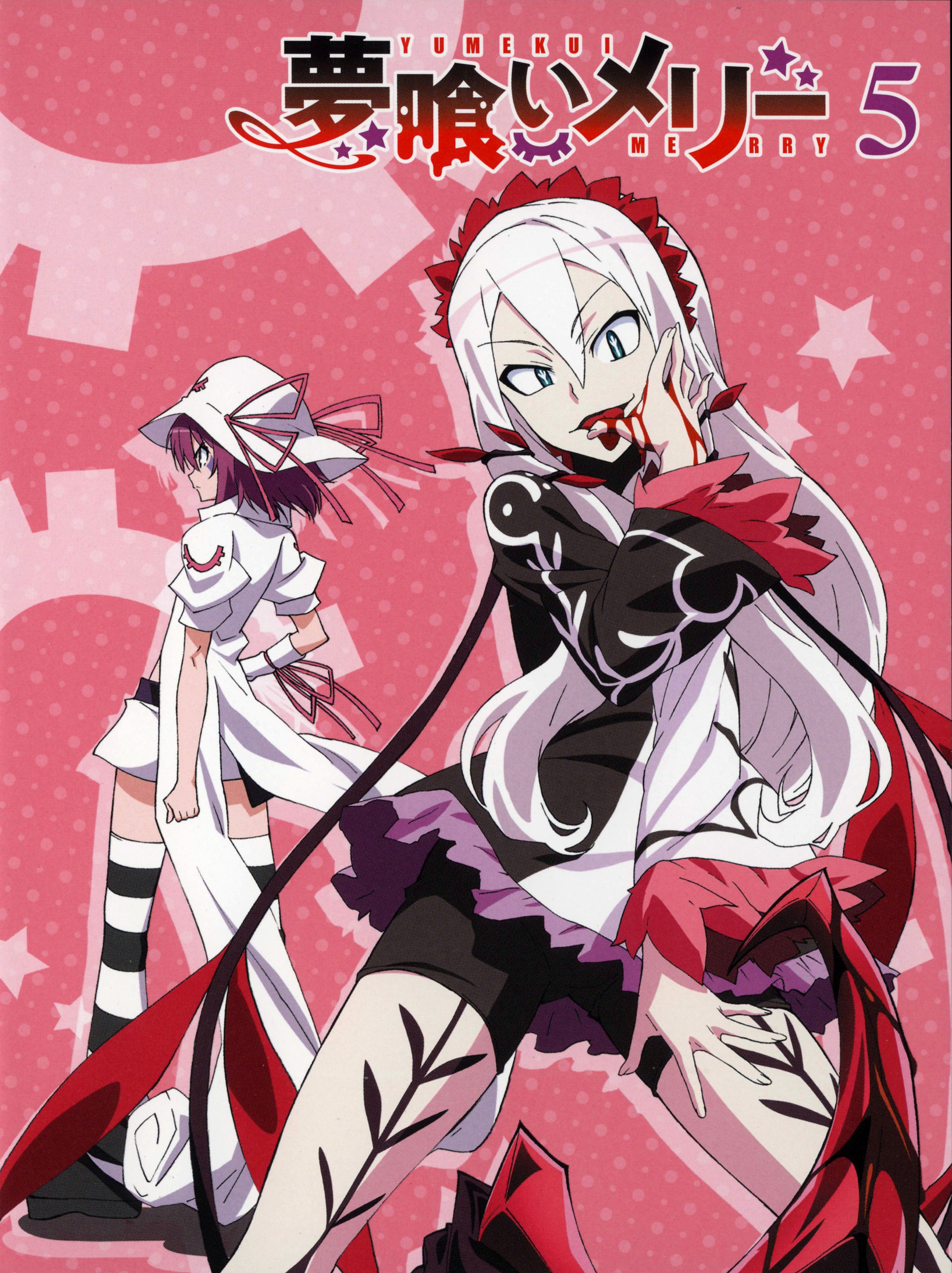 merry nightmare, mistelteinn, yumekui merry, official art, tagme, 2girls, bike shorts, blood, multiple girls, short shorts, shorts, smile, tattoo, white hair