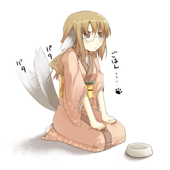 jirou (chekoro), original, translated, 1girl, animal ears, blush, bowl, brown eyes, brown hair, clothes grab, dog ears, female focus, glasses, japanese clothes, kimono, paw print, pet bowl, seiza, simple background, sitting, solo, tail, tail wagging, tears