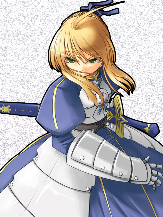 jirou (chekoro), artoria pendragon (fate), saber (fate), fate/stay night, fate (series), 00s, 1girl, armor, armored dress, blonde hair, dress, excalibur (fate/stay night), female focus, puffy sleeves, solo, sword, weapon