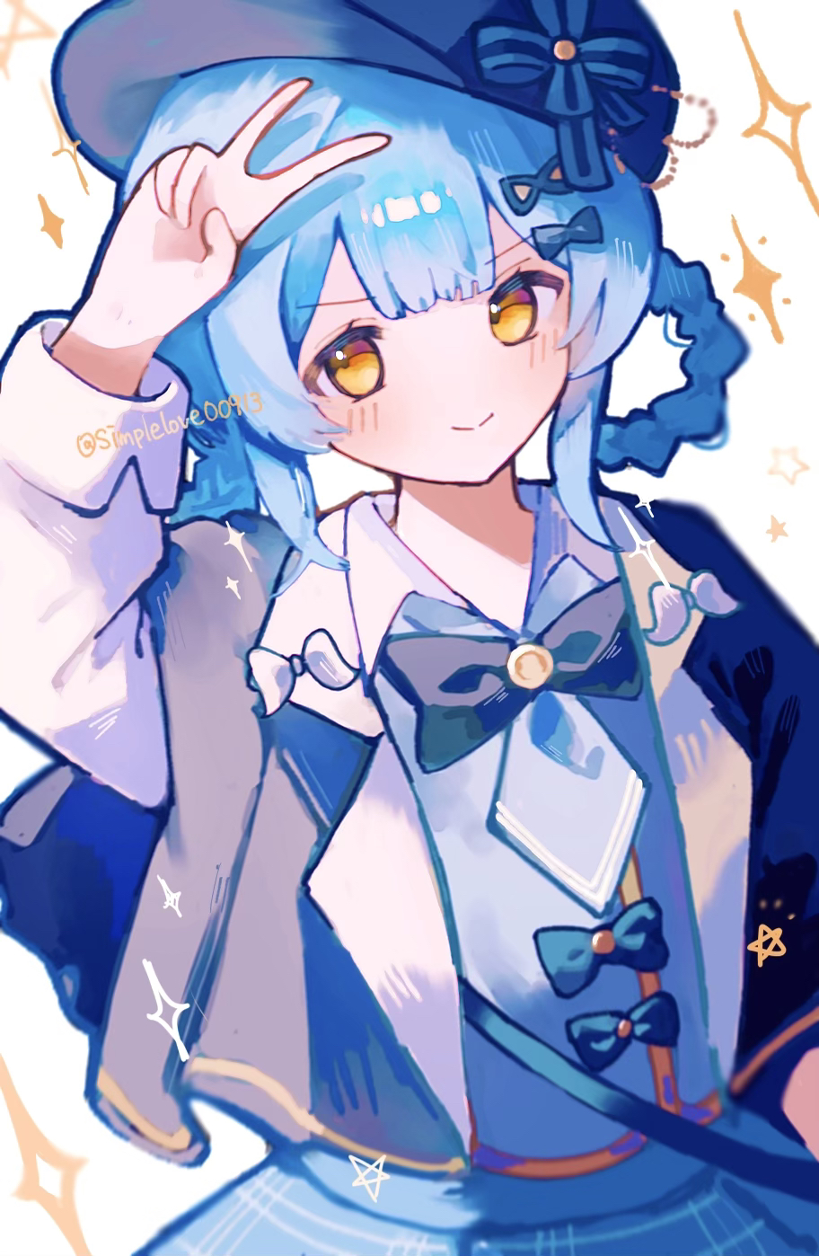 simple ice, tachibana sherry, mahou shoujo no majo saiban, highres, 1girl, blue bow, blue bowtie, blue hair, blue jacket, blue shirt, blue skirt, bow, bow hairband, bowtie, braid, braided hair rings, detective, hair rings, hairband, hat, jacket, looking at viewer, magical girl, newsboy cap, shirt, simple background, skirt, smile, solo, sparkle, v, white background, yellow eyes