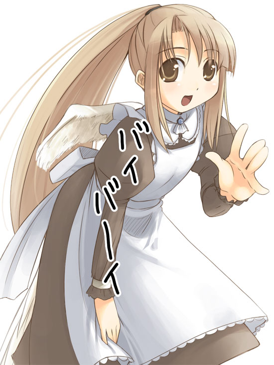 jirou (chekoro), original, 1girl, angel wings, apron, brown hair, female focus, leaning forward, long hair, looking at viewer, maid, maid apron, ponytail, puffy sleeves, simple background, smile, solo, very long hair, wings