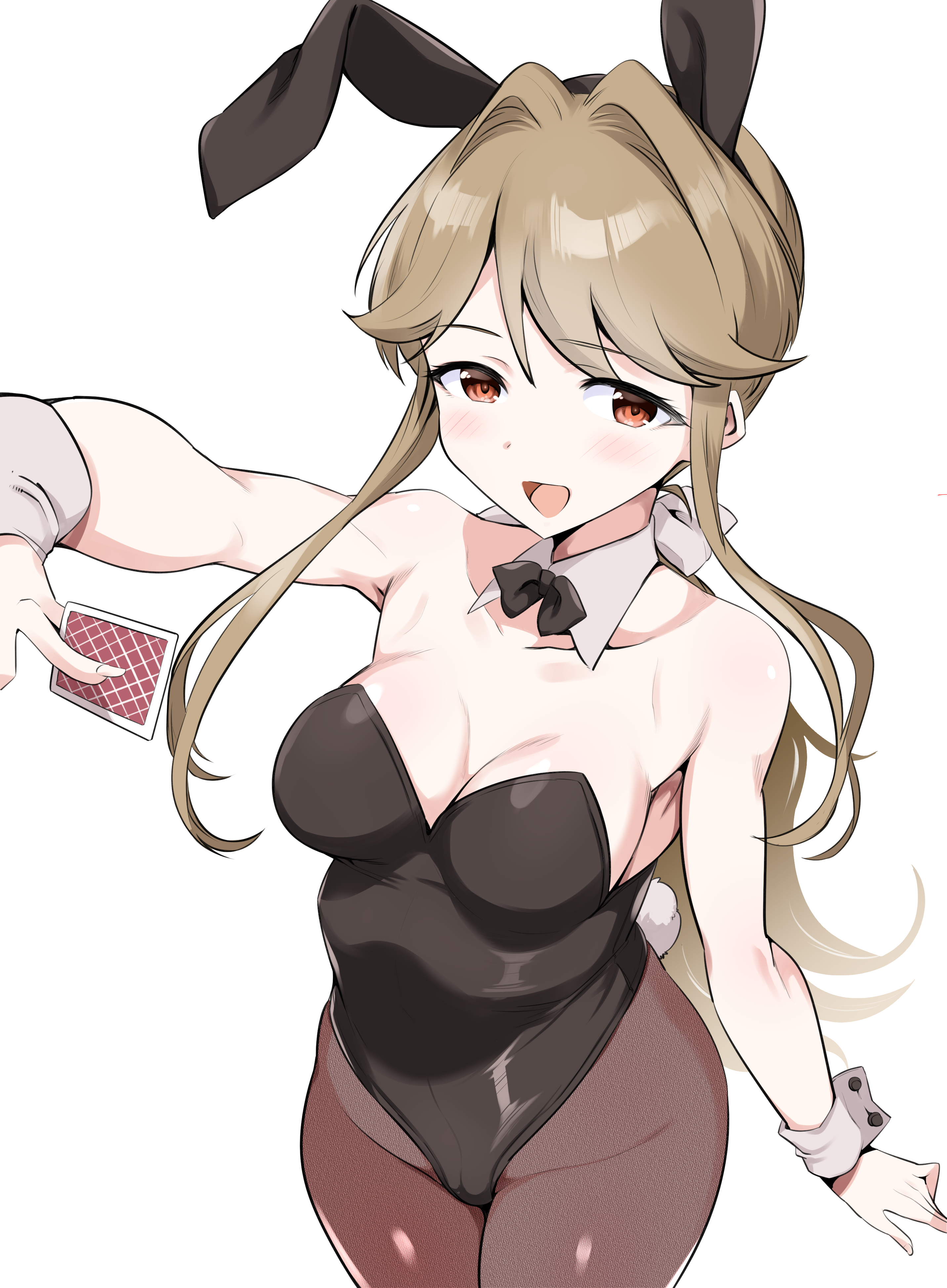 takahiro (crimson bolt), tenkuubashi tomoka, idolmaster, idolmaster million live!, absurdres, highres, 1girl, animal ear hairband, animal ears, black bow, black bowtie, black leotard, bow, bowtie, brown hair, brown pantyhose, card, detached collar, fake animal ears, from above, hairband, leotard, low ponytail, pantyhose, playboy bunny, playing card, ponytail, rabbit ears, rabbit tail, red eyes, simple background, smile, solo, strapless, strapless leotard, swept bangs, tail, white background, wrist cuffs