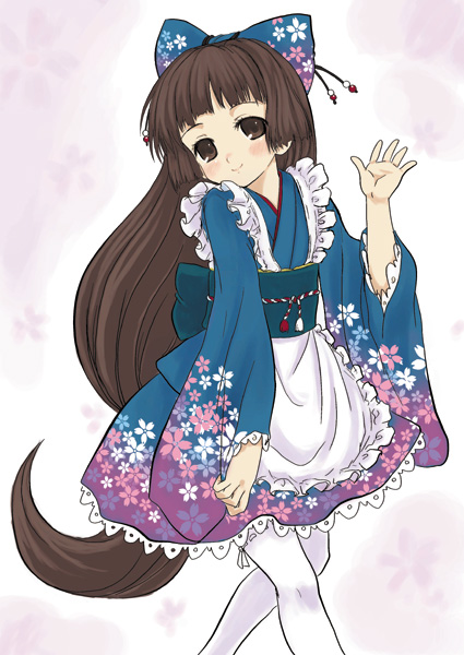 mikazukimo, original, 1girl, apron, blush, brown eyes, brown hair, female focus, hime cut, japanese clothes, long hair, smile, solo, thighhighs, very long hair, waving, white thighhighs