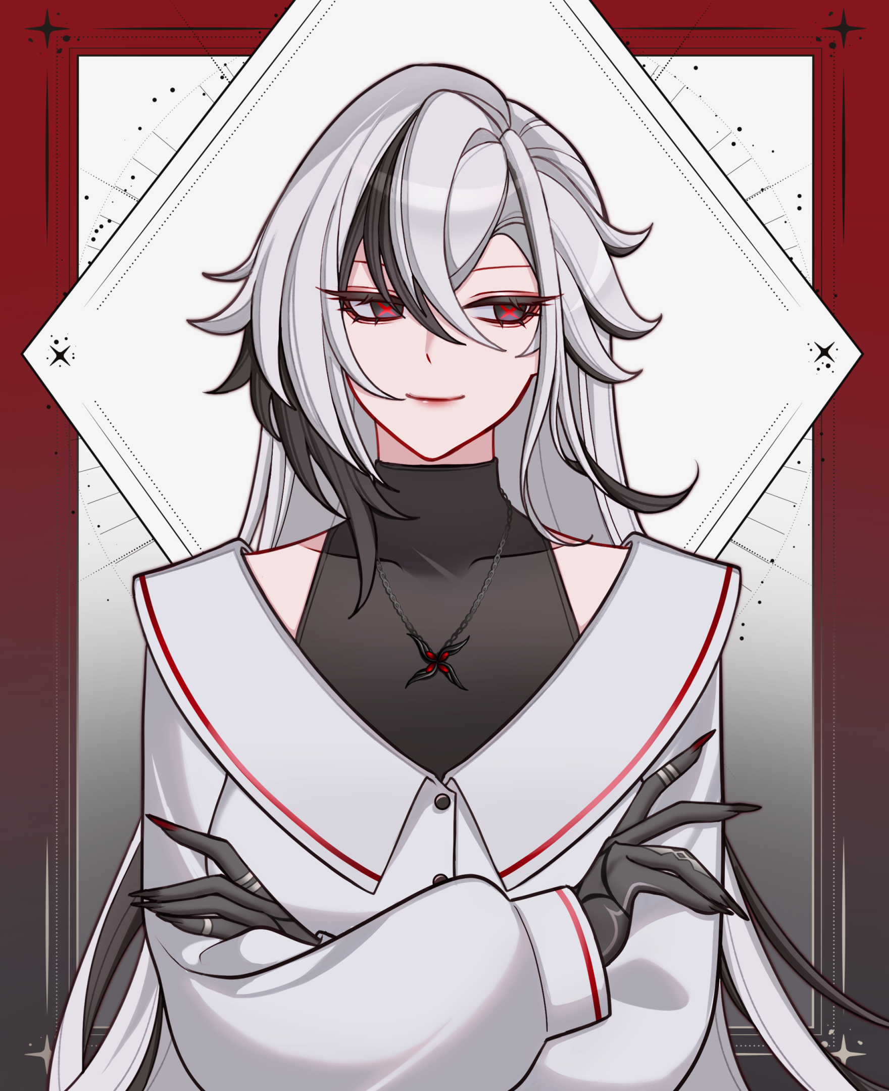 charlie purrito, arlecchino (genshin impact), genshin impact, commentary, english commentary, highres, 1girl, alternate costume, black eyes, black hair, crossed arms, grey hair, long sleeves, looking to the side, multicolored hair, red pupils, shirt, smile, solo, streaked hair, upper body, white shirt