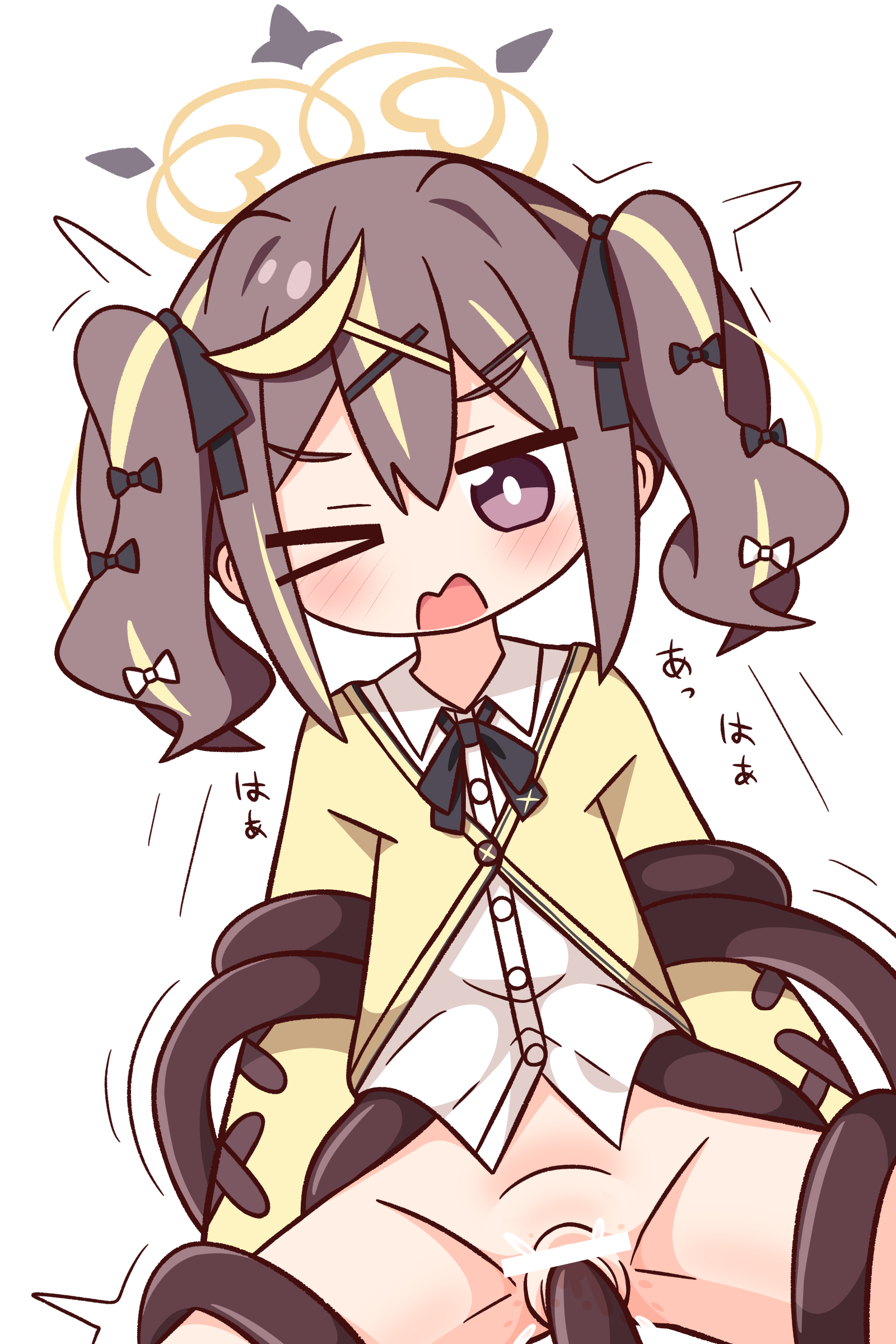 hana kazari, rena (blue archive), blue archive, absurdres, commentary request, highres, > o, 1girl, bar censor, black ribbon, blonde hair, blush, bottomless, brown hair, censored, collared shirt, double-parted bangs, halo, medium hair, multicolored hair, neck ribbon, one eye closed, open mouth, purple eyes, pussy, pussy juice, ribbon, shirt, sidelocks, simple background, solo, streaked hair, sweater, tentacle sex, tentacles, twintails, vaginal, white background, white shirt, yellow halo, yellow sweater