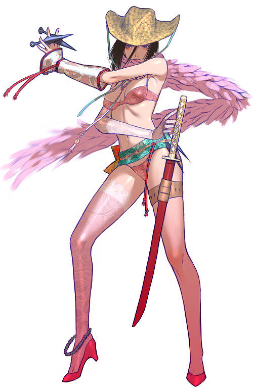 sakamoto mineji, aya (oneechanbara), oneechanbara, asymmetrical clothes, legs, single thighhigh, solo, thigh strap, thighhighs