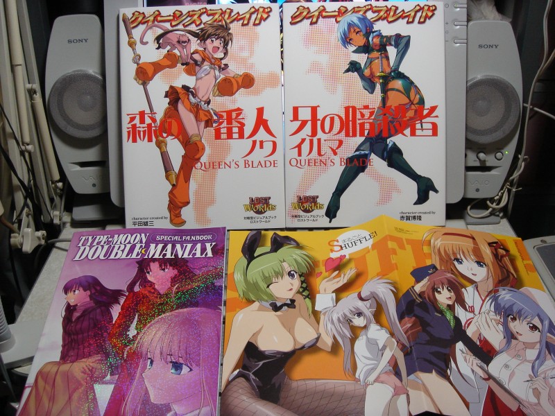 akaga hirotaka, hirata katsuzou, takeuchi takashi, watanabe ruriko, artoria pendragon (fate), fang assassin irma, forest keeper nowa, fuyou kaede, irma (queen's blade), lisianthus, matou sakura, nerine, nowa (queen's blade), primula, ruu (queen's blade), saber (fate), shigure asa, tohsaka rin, fate/stay night, fate (series), queen's blade, shuffle!, sony, black legwear, grey legwear, silver hair, striped, official art, photo (medium), scan, 6+girls, :d, adjusting buruma, adjusting clothes, age difference, ahoge, alternate costume, animal ears, armlet, artist name, ass, bare shoulders, bikini, bikini top only, black hair, blonde hair, blowing kiss, blue hair, blush, boots, bow, bowtie, breasts, buckle, buruma, buttons, capelet, cleavage, clipboard, coat, copyright name, cosplay, cover, crease, crop top, dark-skinned female, dark skin, detached collar, elbow gloves, fake animal ears, fake tail, fishnet pantyhose, fishnets, flat chest, flight attendant, floating hair, formal clothes, gloves, gradient background, green hair, grin, gym uniform, hair ribbon, hairband, halftone, hand in pocket, hand on own hip, hands on own chest, hat, heart, high collar, high heels, holding, holding weapon, japanese clothes, jewelry, knee boots, large breasts, leaning forward, leg lift, leotard, lipstick, long coat, long hair, long pointy ears, long skirt, long sleeves, looking afar, looking at viewer, looking back, makeup, microskirt, miko, miniskirt, monkey, multiple girls, nurse, nurse cap, one eye closed, open mouth, orange hair, own hands together, panties, pantyhose, pantyshot, parted bangs, pen, pink panties, pinstripe pattern, playboy bunny, pleated skirt, pointy ears, profile, purple hair, rabbit, rabbit ears, rabbit tail, red hair, red lips, ribbon, running, salute, scarf, scrunchie, sheath, shirt, short hair, short sleeves, sidelocks, sitting, skirt, skirt suit, small breasts, smile, speaker, spoken heart, staff, standing, suit, sweater, swimsuit, tail, thigh boots, thighhighs, thong, travel attendant, tress ribbon, turtleneck, twintails, underboob, underwear, upskirt, very long hair, weapon, white panties, wink, wrist cuffs, zoom layer