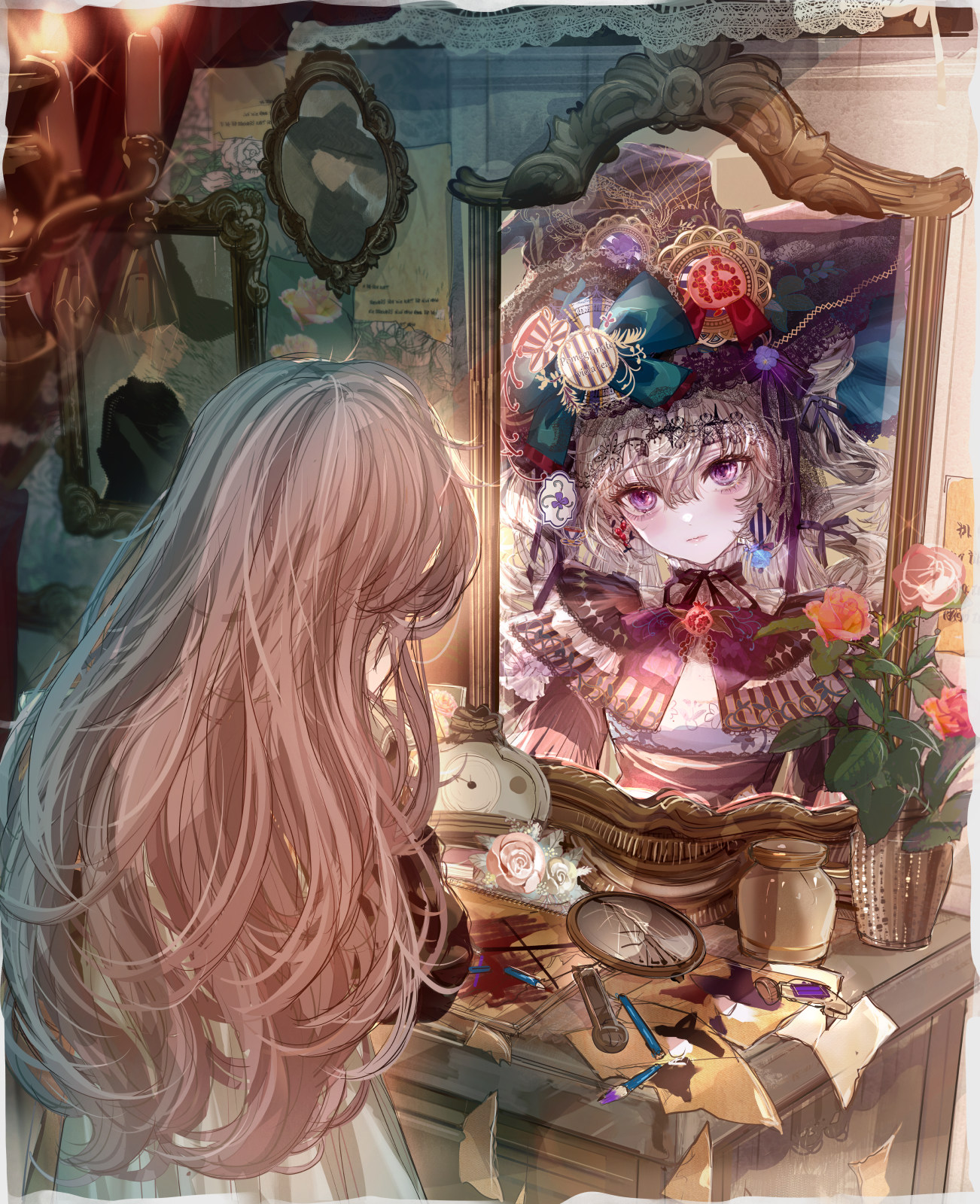 komorihikki, original, highres, 1girl, :|, analog clock, aqua bow, black ribbon, bow, bowtie, broken mirror, broken pencil, brooch, brown hair, center-flap bangs, chandelier, clock, closed mouth, colored pencil, covering face, curtains, different reflection, drawing (object), dress, drill hair, earrings, expressionless, facing away, flower, food, frilled shirt collar, frills, from behind, fruit, fruit brooch, fruit hat ornament, gem, glint, grey hair, hair ribbon, hand mirror, hat, hat bow, hat flower, hat ribbon, indoors, jewelry, lace-trimmed headwear, lace trim, layered sleeves, lolita fashion, long hair, long sleeves, looking at another, low twintails, mirror, mismatched earrings, neck ribbon, pencil, picture frame, pink flower, pink rose, pomegranate, portrait (object), puffy long sleeves, puffy sleeves, purple bow, purple bowtie, purple eyes, purple flower, purple gemstone, purple hat, purple ribbon, purple sleeves, reflection, reflection focus, ribbon, rose, shirt, shrug (clothing), sketchbook, solo, table, torn paper, twin drills, twintails, upper body, vanity table, vase, violet (flower), white dress, white shirt, witch, witch hat