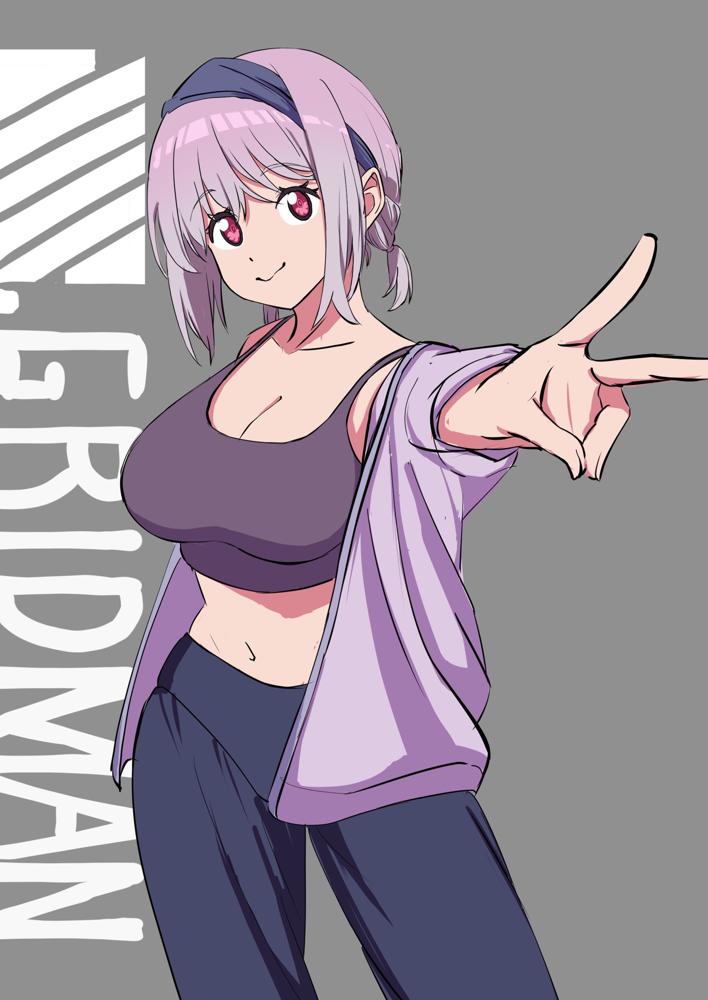 dai200156, shinjou akane, gridman universe, ssss.gridman, highres, 1girl, black headband, black pants, breasts, cleavage, grey background, headband, jacket, large breasts, looking at viewer, low twintails, midriff, navel, open clothes, open jacket, pants, purple hair, purple jacket, purple sports bra, short twintails, smile, sports bra, twintails, v