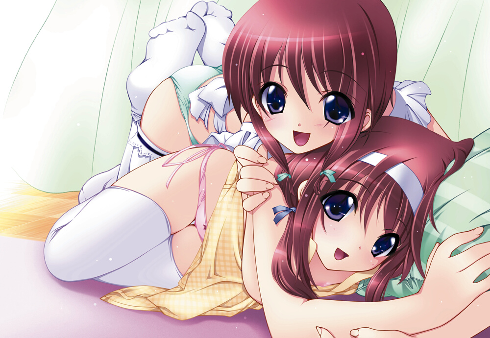 iizuki tasuku, yuuki maya (hobo-san to issho!), yuuki miya, hobo-san to issho!, 2girls, bent over, blue eyes, blush, bow, bow panties, cuddling, dress, feet, green panties, hairband, lying, multiple girls, no shoes, on side, panties, pillow, pink panties, red hair, side-tie panties, smile, string, thigh gap, thighhighs, thighs, underwear, white thighhighs, yellow dress, yuri
