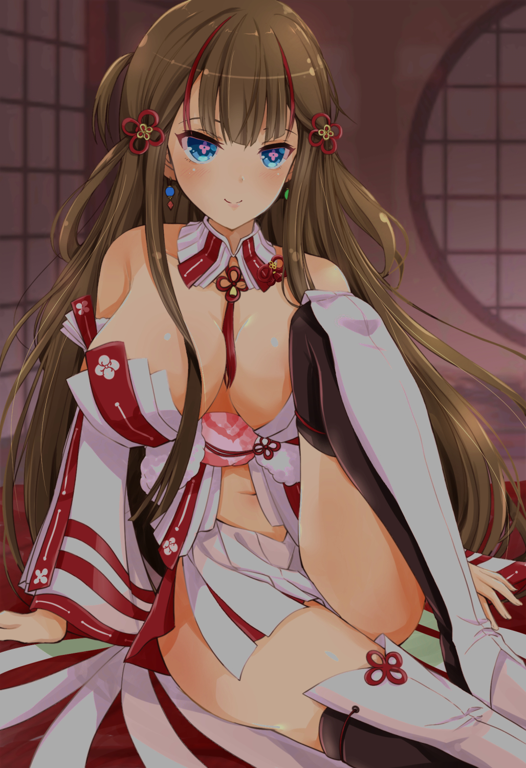 ryou.r, toki (senran kagura), senran kagura, senran kagura new link, highres, + +, 1girl, bare shoulders, between breasts, blue eyes, blush, breasts, brown hair, chinese knot, cleavage, crested ibis, detached collar, detached sleeves, earrings, fingernails, floral print, flower-shaped pupils, flower knot, hair rings, indoors, japanese clothes, jewelry, large breasts, long hair, looking at viewer, mismatched earrings, multicolored hair, navel, neck tassel, red hair, red streaks, revealing clothes, smile, solo, streaked hair, symbol-shaped pupils, tassel, tongue, wide sleeves